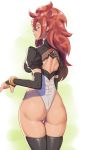  absurdres android_21 ass back_cutout blue_eyes bracelet breasts brown_hair commentary cosplay detached_sleeves dragon_ball dragon_ball_fighterz earrings english_commentary from_behind highres hoop_earrings jewelry leotard long_hair looking_back medium_breasts nier_(series) nier_automata no_pants puffy_sleeves solo suwaiya tan thighhighs yorha_no._2_type_b yorha_no._2_type_b_(cosplay) 