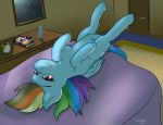  2016 alarm_clock bed blue_feathers blue_fur book clock cutie_mark dildo door equine feathered_wings feathers female feral friendship_is_magic fur furniture hair inside looking_at_viewer lying mammal multicolored_hair multicolored_tail my_little_pony on_back on_bed pegasus pussy rainbow_dash_(mlp) rainbow_hair rainbow_tail sex_toy solo stargazer teats wings 