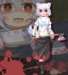  animal_ears axe bangs black_footwear blood blood_on_face blood_splatter bloody_clothes close-up commentary_request detached_sleeves eyebrows_visible_through_hair full_body hair_between_eyes hat holding holding_axe inubashiri_momiji looking_at_viewer medium_skirt no_nose orange_pupils pom_pom_(clothes) red_eyes saisoku_no_yukkuri shaded_face short_hair silver_hair skirt smile socks solo tail tokin_hat touhou walking wide_sleeves wolf_ears wolf_girl wolf_tail 