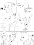  ! ... ? anthro badge black_and_white canine clothing comic disney english_text eyelashes female flower fox fur half-closed_eyes hi_res holding_object iheart7968 judy_hopps lagomorph looking_at_another male mammal monochrome motion_lines necktie nick_wilde plant rabbit shirt simple_background text white_background zootopia 