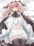  apron astolfo_(fate) bangs bed_sheet black_bow black_dress black_legwear bloomers blush bow bowtie braid chieezuik closed_mouth commentary_request dot_nose dot_pupils dress dress_lift eyebrows_visible_through_hair fate/apocrypha fate_(series) frilled_apron frills furrowed_eyebrows hair_between_eyes hair_bow hair_intakes hands_up lifted_by_self long_hair looking_at_viewer lying maid maid_apron maid_headdress male_focus mouth_hold multicolored_hair navel on_back otoko_no_ko parted_bangs petticoat pink_eyes pink_hair puffy_sleeves shiny shiny_hair single_braid solo stomach streaked_hair thighhighs two-tone_hair underwear white_apron white_bloomers white_hair white_neckwear 