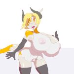  anthro big_breasts blonde_hair bovine breasts clothed clothing cuoqet female hair horn huge_breasts hyper hyper_breasts looking_at_viewer mammal nipple_bulge open_mouth solo standing voluptuous wide_hips 
