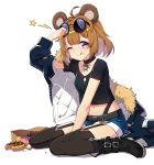  ahoge animal_ears bear_ears bear_girl brown_hair child collar commentary_request doughnut eyewear_on_head food full_body fur_trim garter_straps girls_frontline glasses grizzly_mkv_(girls_frontline) highres jacket looking_at_viewer narynn one_eye_closed purple_eyes shorts smile solo thighhighs younger 
