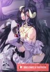  ainz_ooal_gown albedo bed bed_sheet bedroom black_hair black_wings blanket body_pillow breast_press breasts commentary curtains dakimakura_(object) demon_girl demon_horns demon_wings detached_collar dress feathered_wings feathers gloves hair_between_eyes hip_vent horns indoors jewelry large_breasts low_wings necklace object_hug on_bed overlord_(maruyama) pillow pillow_hug skeleton slit_pupils white_dress white_gloves wings xong yellow_eyes 