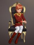  belt boots chair child commentary_request grey_background gundam hand_on_hand highres irotsuya legs_together lips military military_uniform mineva_lao_zabi mobile_suit_gundam orange_hair pantyhose short_hair simple_background sitting solo uniform zeon 