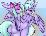  2016 abstract_background anthro anthrofied ashee_cakes blush breasts butt cloud_chaser_(mlp) dock duo equine feathered_wings feathers female flitter_(mlp) friendship_is_magic fur hair hair_bow hair_ribbon licking licking_lips looking_at_viewer looking_back mammal multicolored_hair my_little_pony navel pegasus purple_eyes purple_feathers purple_fur pussy rear_view ribbons sibling side_boob smile spread_wings thigh_gap tongue tongue_out twins two_tone_hair wings 