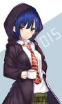  black_jacket blue_hair character_name closed_mouth collared_shirt cup dark_blue_hair darling_in_the_franxx drink eyebrows_visible_through_hair green_eyes green_skirt hair_ornament hairclip hand_in_pocket highres holding holding_cup hood hooded_jacket ichigo_(darling_in_the_franxx) jacket mug navel necktie open_clothes open_jacket plaid plaid_skirt red_neckwear school_uniform shiny shiny_hair shirt short_hair skirt solo striped striped_neckwear tareme two-tone_background upper_body white_shirt wing_collar yuuki_nao_(pixiv10696483) 