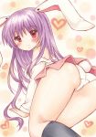  absurdres all_fours animal_ears ass bangs bare_shoulders black_legwear blush breasts bunny_ears bunny_tail closed_mouth commentary eyebrows_visible_through_hair feet_out_of_frame from_behind heart heart_background highres kneehighs large_breasts lavender_hair long_hair long_sleeves looking_at_viewer panties partially_undressed pink_skirt red_eyes reisen_udongein_inaba ria_(pixiv30053072) shirt skirt smile solo tail thighs touhou traditional_media underwear white_panties white_shirt 