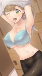  armpits blue_bra blush bouncing_breasts bra breasts brown_hair cleavage collarbone commentary cowboy_shot eyebrows_visible_through_hair fang green_eyes highres indoors inuyama_aoi large_breasts long_hair midriff motion_blur navel one_eye_closed open_mouth panties panties_under_pantyhose pantyhose short_eyebrows side_ponytail solo thick_eyebrows underboob underwear undressing urigarasu yurucamp 