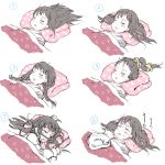  black_hair blush braid cat closed_eyes commentary_request drooling futon gomennasai hair_spread_out long_hair multiple_views numbered_panels original pillow simple_background sleeping sweat twin_braids white_background 