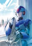  1boy android city cityscape cloud gloves green_eyes helmet holding kusuribe looking_at_viewer male_focus rockman rockman_x sitting sky smile solo white_gloves window x_(rockman) 