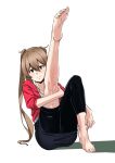  1girl barefoot brown_eyes brown_hair feet kantai_collection leggings long_hair looking_at_viewer murasame_(kantai_collection) one_leg_raised smile soles toes twintails 