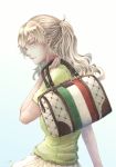  alternate_costume bag blonde_hair braid breasts brown_eyes casual commentary_request from_side gradient gradient_background green_shirt hair_between_eyes highres holding holding_bag italian_flag kantai_collection large_breasts long_hair looking_afar millipen_(medium) parted_lips shirt short_sleeves side_braid signature simple_background skirt smile solo tesun_(g_noh) traditional_media watercolor_pencil_(medium) wavy_hair zara_(kantai_collection) 