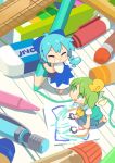  :d ^_^ aqua_dress ascot barefoot blue_bow blue_dress blue_hair blush_stickers bow cirno closed_eyes crayon daiyousei detached_wings dress eraser fairy_wings green_eyes green_hair grin hair_bow highres ice ice_wings lined_paper looking_up minigirl moyazou_(kitaguni_moyashi_seizoujo) multiple_girls open_mouth paper pencil ruler short_hair short_sleeves side_ponytail smile touhou wings wooden_pencil yellow_bow yellow_neckwear 