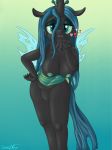  &lt;3 anthro anthrofied arthropod black_fur black_skin blowing_kiss blue_hair breasts changeling fangs female fingers friendship_is_magic fur green_eyes hair hand_on_hip hi_res horn insect insect_wings kissing lips long_legs looking_at_viewer my_little_pony nipples portrait pose pussy queen_chrysalis_(mlp) simple_background slit_pupils solo teeth three-quarter_portrait wings xanthor 