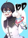  \m/ ahoge aihara_(ihara113o) black_hair blue_background blue_eyes character_name dd_(xuni_dd) glasses highres looking_at_viewer male_focus open_mouth simple_background smile solo star virtual_youtuber xuni_dd 