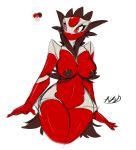  2015 anthro averyshadydolphin big_eyes breasts calamity digital_media_(artwork) dragon erect_nipples female fur hi_res markings navel nipples nude red_eyes red_skin scalie simple_background snout solo thick_thighs voluptuous white_background white_markings white_skin wide_hips 