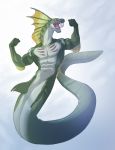  abs anthro biceps claws fangs fin flexing frill gills green_skin intricatevision invalid_tag long_tail male metadragon muscular muscular_male naga navel nude open_mouth pecs pose red_eyes reptile scalie simple_background smile snake solo swimming tail_fin teeth white_skin 