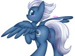  2016 alpha_channel ashee_cakes blue_feathers blue_fur blush cutie_mark equine feathered_wings feathers female feral friendship_is_magic fur hair looking_at_viewer looking_back mammal my_little_pony night_glider_(mlp) pegasus pussy simple_background solo spread_wings transparent_background white_hair wings 