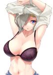  :o absurdres ahoge armpits arms_up blue_eyes bra breasts collarbone eyebrows_visible_through_hair grey_shirt hair_ornament hair_over_one_eye hairclip hamakaze_(kantai_collection) highres kantai_collection large_breasts lifted_by_self looking_at_viewer navel open_mouth purple_bra shaded_face shirt shirt_lift short_hair shunichi silver_hair simple_background solo stomach strap_gap tsurime underwear undressing upper_body white_background 