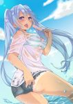  ass blue_eyes blue_hair blush cloud day dutch_angle eyebrows_visible_through_hair food from_behind hatsune_miku kusoyuridanchi long_hair looking_at_viewer open_mouth outdoors popsicle see-through shirt short_shorts shorts sky solo striped_bikini_top tan tanline tongue tongue_out twintails very_long_hair vocaloid wading water wet wet_clothes wet_shirt 