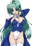  blush breasts covered_navel covered_nipples green_eyes green_hair highres large_breasts leotard lindy_harlaown looking_at_viewer lyrical_nanoha mahou_shoujo_lyrical_nanoha mahou_shoujo_lyrical_nanoha_a's mahou_shoujo_lyrical_nanoha_strikers nipples open_mouth simple_background solo tappa_(esperanza) thighhighs tongue white_background white_legwear 