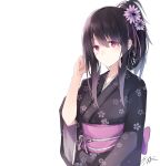  black_hair black_kimono blush closed_mouth floral_print flower gradient_hair hair_flower hair_ornament hair_rings hand_in_hair highres japanese_clothes keid kimono long_hair long_sleeves looking_at_viewer multicolored_hair obi original ponytail print_kimono purple_eyes purple_flower purple_hair sash sidelocks signature simple_background solo upper_body white_background wide_sleeves 