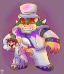  blush bowser cross-dressing human koopa male male/male mammal mario mario_bros nintendo salad_pervert scalie simple_background size_difference slightly_chubby super_mario_odyssey sweat video_games wedding_bowser 