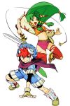  1girl :d armored_boots belt blue_eyes blue_shorts boots closed_mouth commentary_request feena_(grandia) fighting_stance fingerless_gloves floating_hair gloves grandia grandia_i green_eyes green_hair hair_tubes hankuri hat holding holding_sword holding_weapon jumping justin_(grandia) layered_sleeves legs_apart looking_at_viewer microskirt navel open_mouth red_hair red_legwear scabbard scarf sheath shoes shorts simple_background skirt smile sword thighhighs weapon white_background wide_sleeves yellow_gloves 