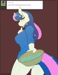  2015 anthro anthrofied avante92 blue_eyes blue_hair bonbon_(mlp) bottomless bowl brown_background candy clothed clothing earth_pony equine female food friendship_is_magic hair hi_res holding_object horse long_hair mammal multicolored_hair my_little_pony pink_hair pony pussy simple_background solo two_tone_hair 