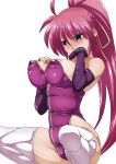  ahoge areola_slip areolae bare_shoulders blue_eyes blush body_blush braid breasts commentary_request covered_nipples elbow_gloves fingerless_gloves gloves highres large_breasts leotard long_hair lyrical_nanoha mahou_shoujo_lyrical_nanoha mahou_shoujo_lyrical_nanoha_a's pink_hair pink_leotard ponytail purple_gloves shiny shiny_hair shiny_skin signum simple_background skindentation solo spread_legs squatting strapless strapless_leotard tappa_(esperanza) thighhighs white_background white_legwear 