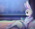  2016 3_toes anthro bed blush cellphone clothed clothing cute disney female fur grey_fur hi_res holding_object holding_phone inside judy_hopps lagomorph long_ears mammal on_bed pastelmistress phone purple_eyes rabbit raining sitting smile solo toes zootopia 
