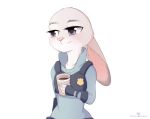  2016 4_fingers anthro beverage clothed clothing coffee coffee_cup disney ears_down female fingerless_gloves food fur gloves grey_fur hi_res holding_object judy_hopps lagomorph long_ears mammal pastelmistress police_uniform purple_eyes rabbit simple_background solo uniform white_background zootopia 