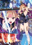  armpits asymmetrical_legwear black_legwear black_panties blonde_hair cape commentary_request electricity ereshkigal_(fate/grand_order) fate/grand_order fate_(series) hair_ribbon highres jewelry long_hair multiple_persona open_mouth orange_maru panties red_cape red_eyes ribbon shiny shiny_skin single_sleeve single_thighhigh skull spine thighhighs underwear 