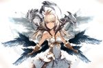  animal armor armored_dress bangs bare_shoulders black_wings blush breasts brown_eyes brown_gloves collarbone commentary_request dark_skin dragon dress eyebrows_visible_through_hair feathered_wings gloves granblue_fantasy hair_between_eyes head_tilt highres light_brown_hair long_hair looking_at_viewer medium_breasts multiple_wings parted_lips solo venomrobo white_background white_dress wings zooey_(granblue_fantasy) 