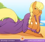  2016 anthro anthrofied beach big_breasts blonde_hair blue_eyes breasts clothing earth_pony equine eyelashes female friendship_is_magic hair horse long_hair looking_at_viewer mammal marik_azemus34 mature_female ms_harshwhinny_(mlp) my_little_pony outside patreon pony robe seaside smile solo wrinkles 