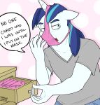  2017 anthro anthrofied blue_eyes blue_hair clothing dialogue drawer english_text equine eyebrows friendship_is_magic fur hair hi_res horn male mammal my_little_pony open_mouth panties shining_armor_(mlp) shirt solo strangerdanger text underwear underwear_on_head unicorn v-neck white_fur 