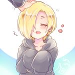  blonde_hair blush closed_eyes hood hood_down hoodie idolmaster idolmaster_cinderella_girls long_sleeves open_mouth out_of_frame petting pov pov_hands shirasaka_koume short_hair sleeves_past_wrists smile solo_focus tail_wagging takamura 