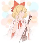  blonde_hair bow commentary erhu eyebrows_visible_through_hair hair_between_eyes hair_bow long_sleeves looking_to_the_side mefomefo neck_ribbon pom_pom_(clothes) ribbon satsuki_rin short_hair solo touhou upper_body wide_sleeves yellow_eyes 