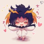  :d bangs black_hair blush chibi closed_eyes drawstring eyebrows_visible_through_hair facing_viewer hair_between_eyes headphones heart hood hood_down hoodie kemono_friends multicolored_hair muuran open_mouth orange_hair outstretched_arms pink_legwear red_hair rockhopper_penguin_(kemono_friends) short_hair simple_background smile solo spread_arms standing thighhighs translation_request white_hoodie 