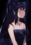  achiki amethyst bangs bare_shoulders beads black_dress black_hair black_wedding_dress blue_eyes breasts cleavage commentary dress earrings eyebrows_visible_through_hair from_side gem glint glowing hair_between_eyes hair_ornament jewelry lace_trim light_particles long_hair looking_away looking_to_the_side medium_breasts necklace original parted_lips sapphire_(stone) sidelocks sleeveless sleeveless_dress solo strapless strapless_dress upper_body v_arms veil wedding_dress 