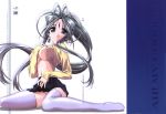  aa_megami-sama absurdres antenna_hair aqua_eyes belldandy breasts cover cover_page doujin_cover earrings facial_mark forehead_mark highres jewelry large_breasts long_hair miniskirt panties ponytail shirt_lift silver_hair skirt solo thighhighs underwear 