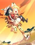  :d ^_^ absurdres animal_ears backpack bag bare_shoulders black_hair blonde_hair blush boots carrying closed_eyes commentary_request elbow_gloves eyebrows_visible_through_hair feathers full_body gloves hat helmet highres kaban_(kemono_friends) kemono_friends loafers multicolored_hair multiple_girls open_mouth pantyhose pith_helmet princess_carry running serval_(kemono_friends) serval_ears serval_print serval_tail shirt shoes short_hair short_sleeves shorts smile t-shirt tail thighhighs user_fmwk3744 wavy_mouth 