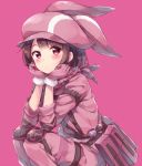  animal_hat bandana bangs black_hair blush bunny_hat commentary_request elbow_pads elbows_on_knees fur-trimmed_gloves fur_trim gloves hat hazuki_(sutasuta) highres jacket knee_pads llenn_(sao) looking_at_viewer military military_uniform pants pink_background pink_bandana pink_gloves pink_hat pink_jacket pink_pants pouch red_eyes short_hair simple_background solo squatting sword_art_online sword_art_online_alternative:_gun_gale_online uniform 