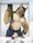  anthro balls bathroom briefs canine clothing cock_ring erection huffpup humanoid_penis looking_at_viewer male mammal mirror muscular muscular_male open_mouth penis penis_through_fly phone pointing_at_penis poking_out selfie solo uncut underwear vein 