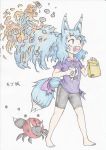  :d absurdres animal_ears bag barefoot bike_shorts blue_eyes blue_hair blush bow bug commentary_request creature doitsuken drinking_straw fangs fox_ears fox_tail heart heart_in_mouth highres holding insect ladybug long_hair open_mouth original pink_bow purple_shirt red_pupils scan shirt short_sleeves smile solo standing tail tail_bow traditional_media translation_request walking 
