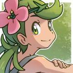  bare_shoulders closed_mouth dark_skin fingernails flower green_eyes green_hair hair_tie headband long_hair looking_at_viewer mao_(pokemon) outline pink_flower pokemon pokemon_(game) pokemon_sm reiesu_(reis) signature smile solo trial_captain twintails upper_body white_outline 