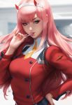  blue_eyes breasts candy commentary darling_in_the_franxx food food_in_mouth hairband hand_on_hip highres horns lollipop long_hair long_sleeves medium_breasts military military_uniform parted_lips pink_hair revision solo stanley_lau uniform upper_body very_long_hair zero_two_(darling_in_the_franxx) 