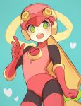  1girl blonde_hair blue_background blush bodysuit capcom elbow_gloves flat_chest gloves green_eyes helmet nakafuji_eiji open_mouth pink_gloves rockman rockman_x roll_exe simple_background solo teeth tongue 