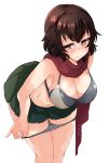 abenattou bangs black_bra black_panties blush bra breasts brown_eyes brown_hair caesar_(girls_und_panzer) cleavage closed_mouth commentary cowboy_shot embarrassed frown girls_und_panzer green_skirt half-closed_eyes large_breasts leaning_forward looking_at_viewer miniskirt navel no_shirt ooarai_school_uniform panties panty_pull pleated_skirt pulled_by_self red_scarf scarf short_hair simple_background skirt solo standing sweatdrop underwear wavy_mouth white_background 